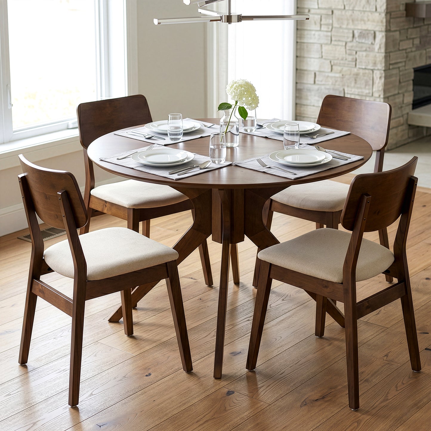 Blair Walnut Finish Round Wood Dining Table with Starburst Style Base