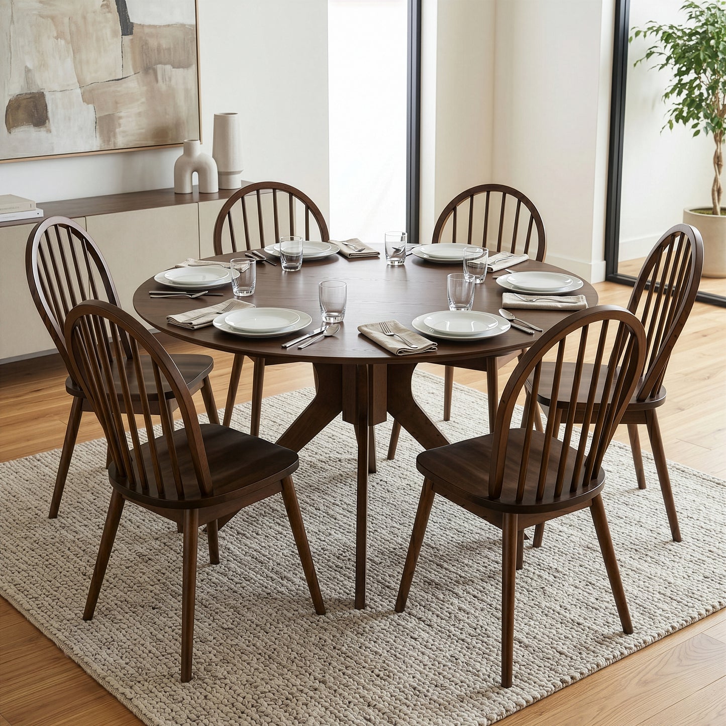 Blair Walnut Finish Round Wood Dining Table with Starburst Style Base
