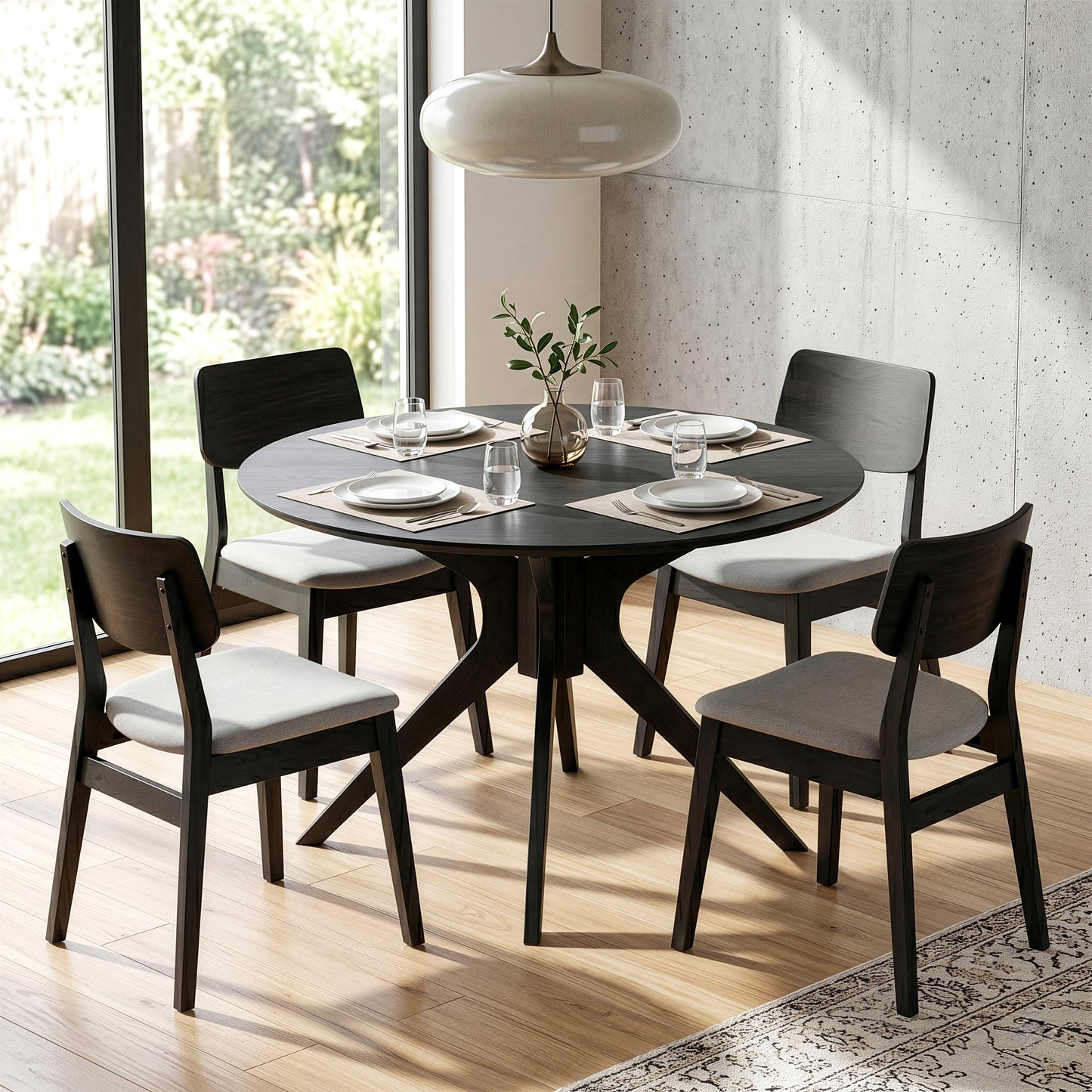 Blair Black Wash Round Wood Dining Table with Starburst Style Base
