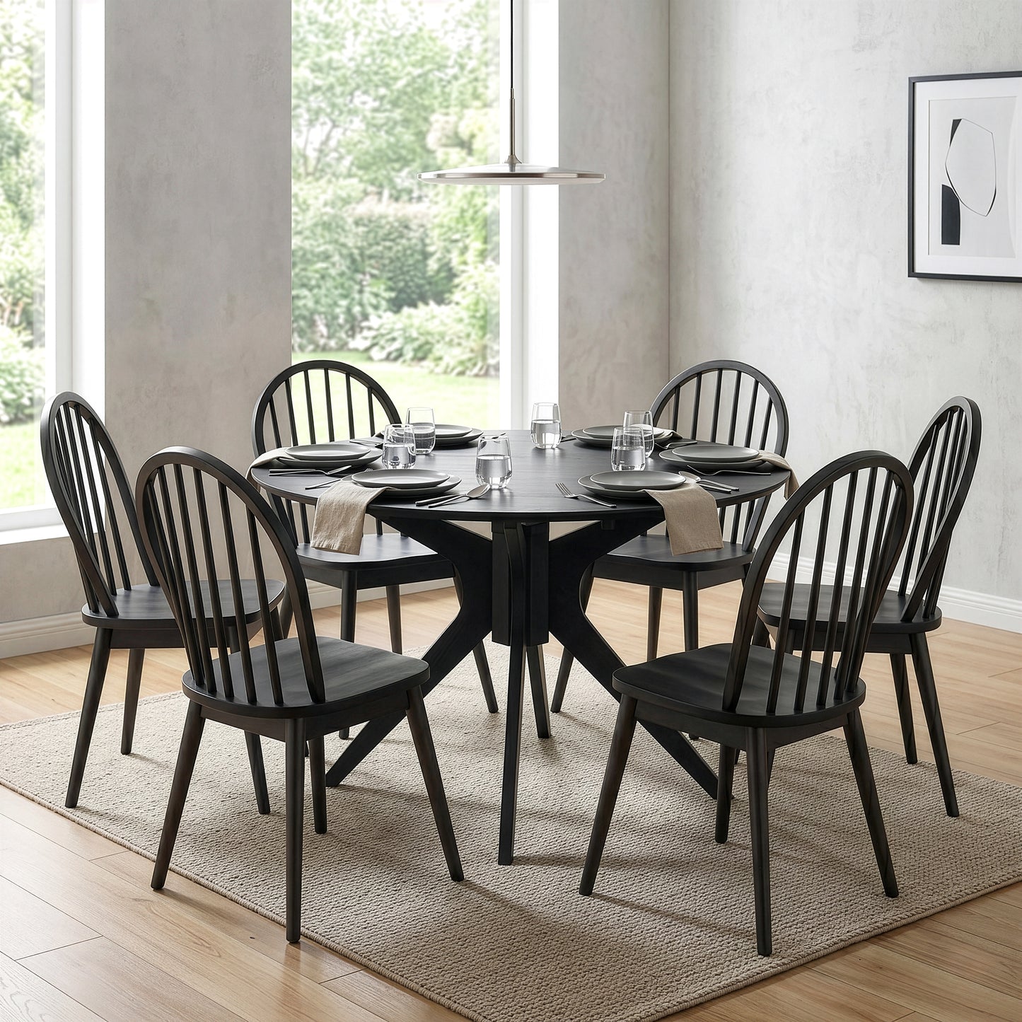 Blair Black Wash Round Wood Dining Table with Starburst Style Base