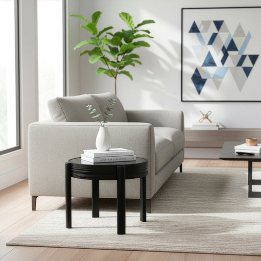 Anika Black Round Side Table with Tempered Glass Top