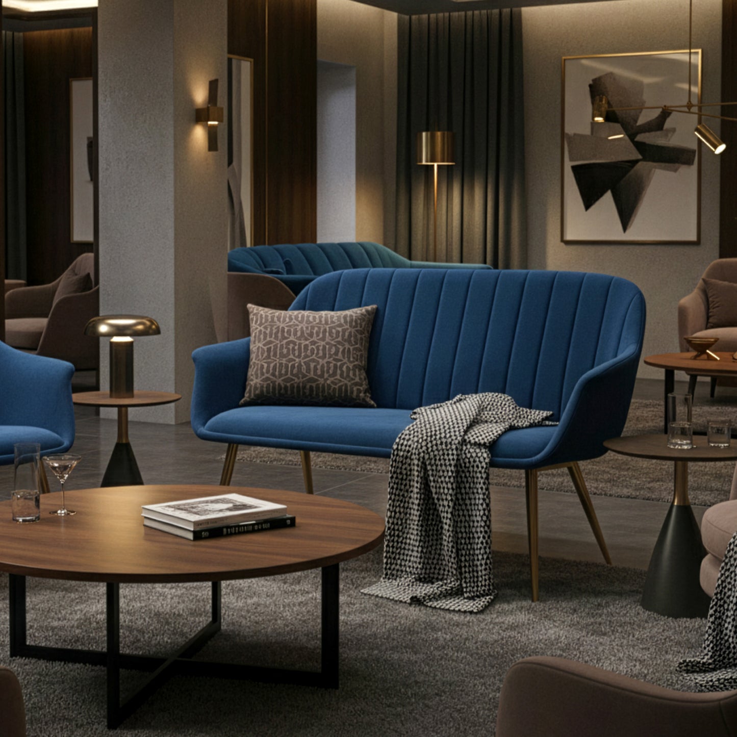 Angela Blue Velvet Loveseat with Golden Metal Legs Stitching Accent