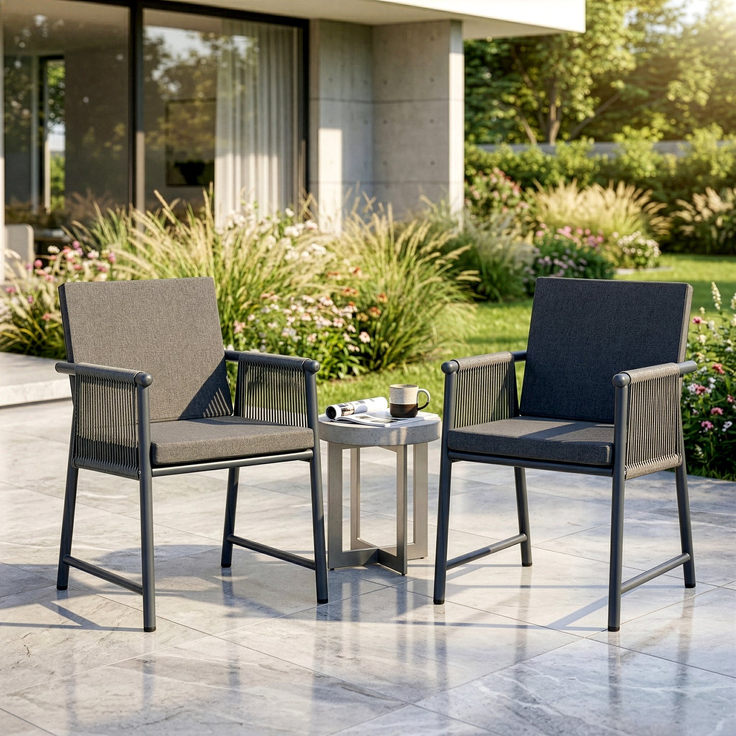 Set of 2 Bianca Grey Outdoor Dining Chair with Hand-Woven Synthetic Rattan Arms