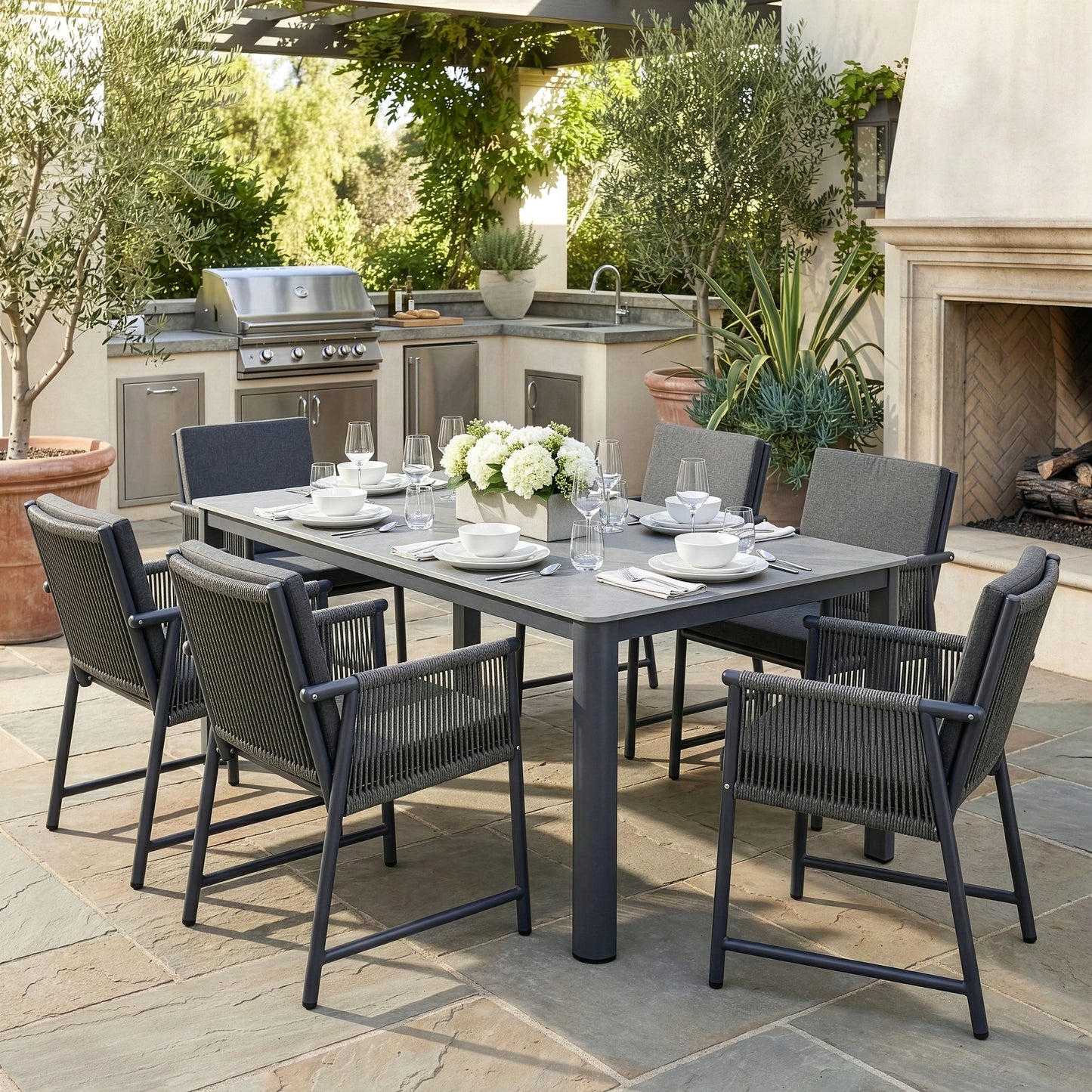 Set of 2 Bianca Grey Outdoor Dining Chair with Hand-Woven Synthetic Rattan Arms