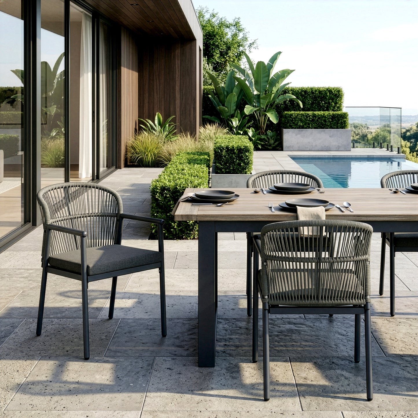 Set of 2 Bina Grey Outdoor Dining Chair with Hand-Woven Synthetic Rattan Back