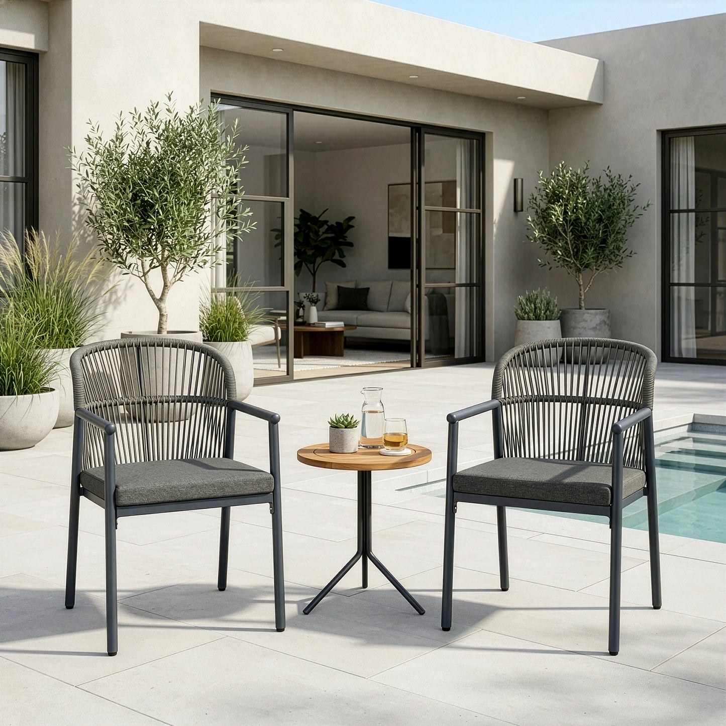Set of 2 Bina Grey Outdoor Dining Chair with Hand-Woven Synthetic Rattan Back