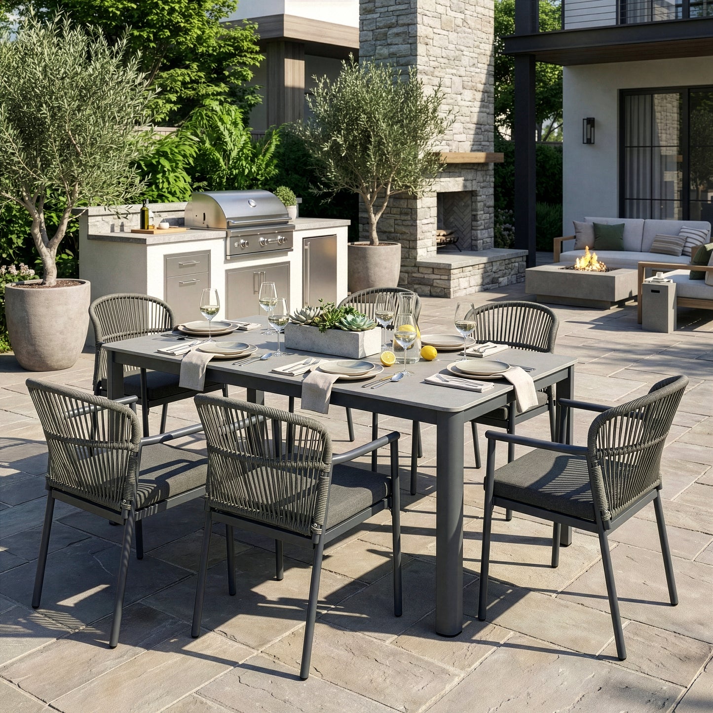 Set of 2 Bina Grey Outdoor Dining Chair with Hand-Woven Synthetic Rattan Back