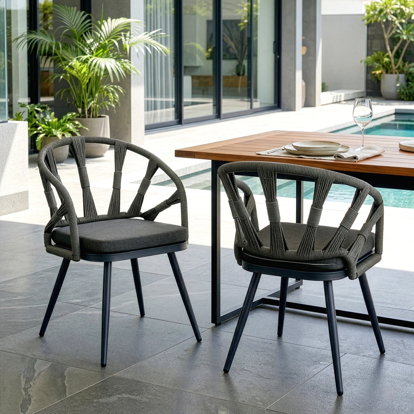 Set of 2 Binda Grey Outdoor Dining Chair with Hand-Woven Back