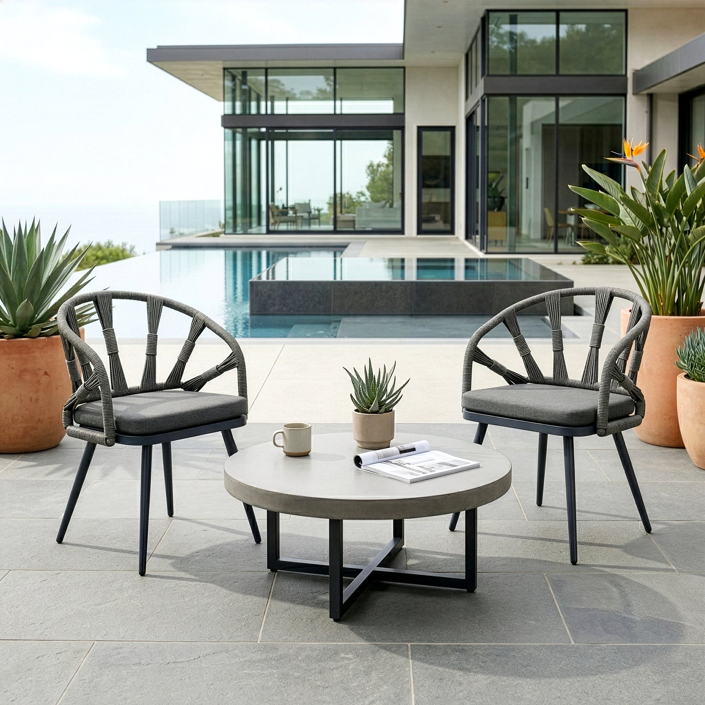 Set of 2 Binda Grey Outdoor Dining Chair with Hand-Woven Back