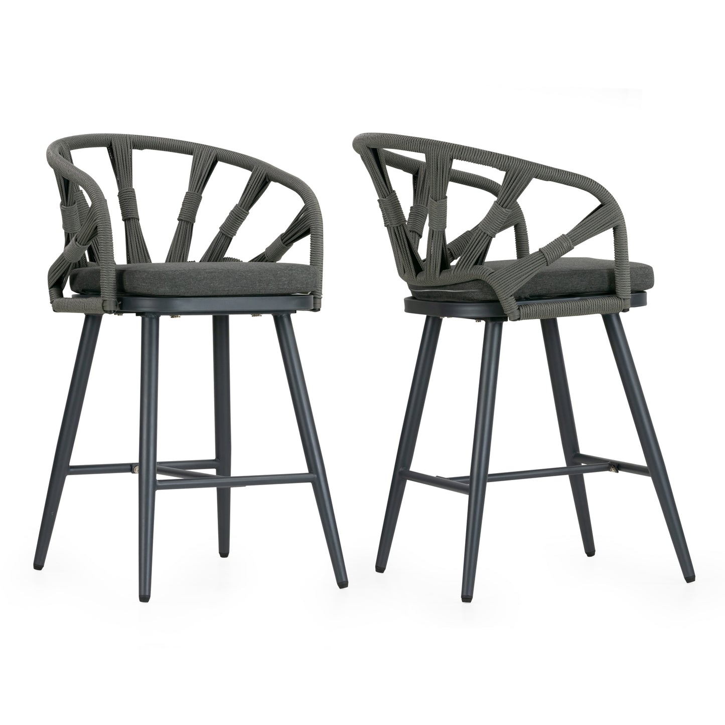 Set of 2 Birre Grey Outdoor Counter Height Stool with Hand-Woven Back