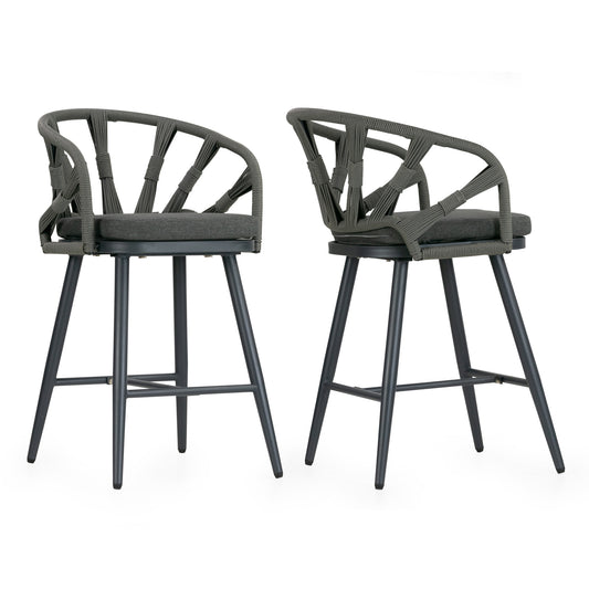 Set of 2 Birre Grey Outdoor Counter Height Stool with Hand-Woven Back