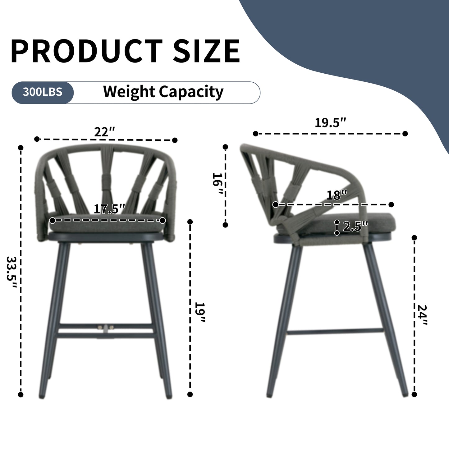 Set of 2 Birre Grey Outdoor Counter Height Stool with Hand-Woven Back