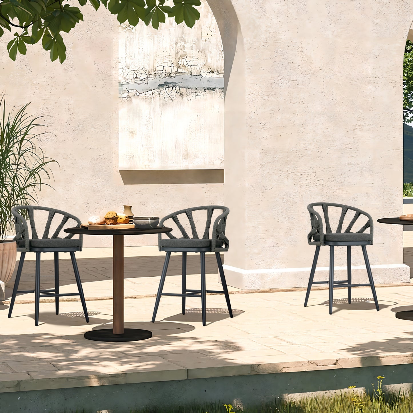 Set of 2 Birre Grey Outdoor Counter Height Stool with Hand-Woven Back