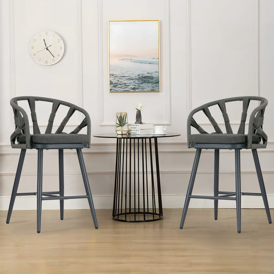 Set of 2 Birre Grey Outdoor Counter Height Stool with Hand-Woven Back
