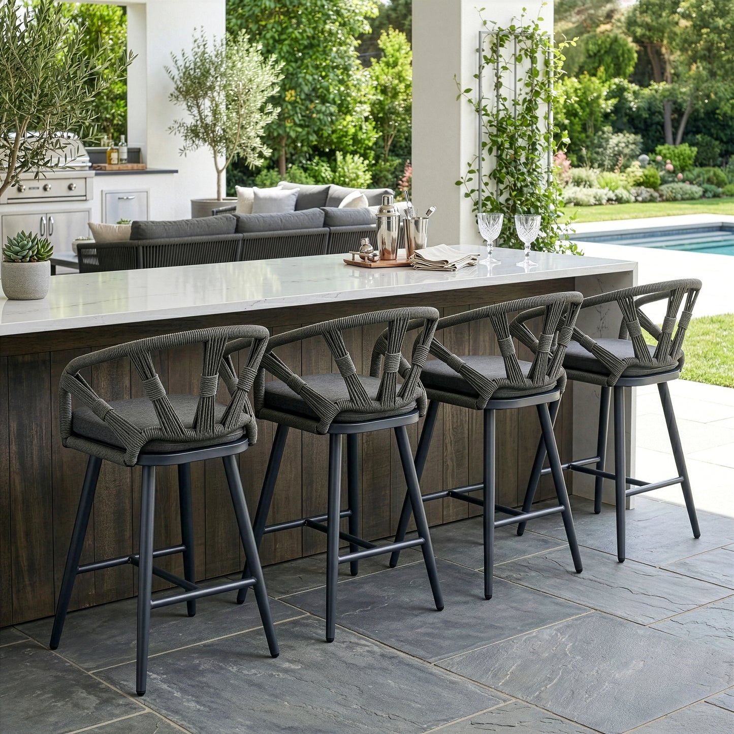 Set of 2 Birre Grey Outdoor Counter Height Stool with Hand-Woven Back