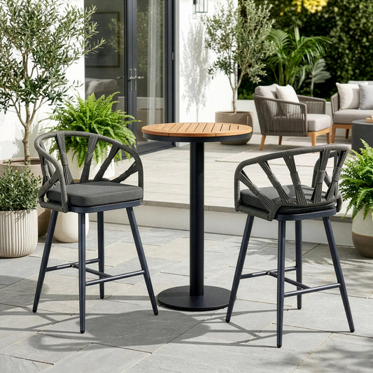 Set of 2 Birre Grey Outdoor Counter Height Stool with Hand-Woven Back