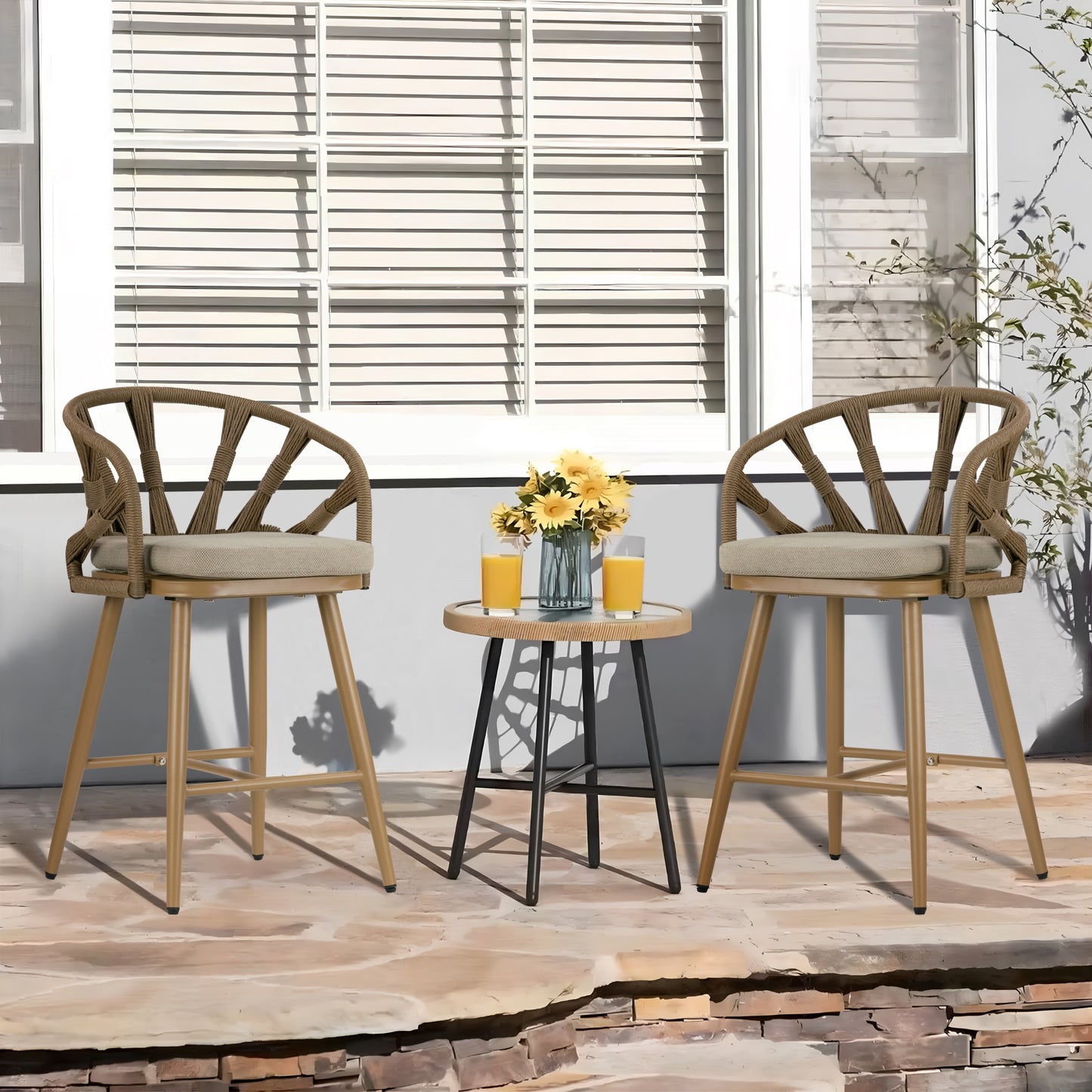 Set of 2 Birre Outdoor Counter Height Stool with Hand-Woven Back