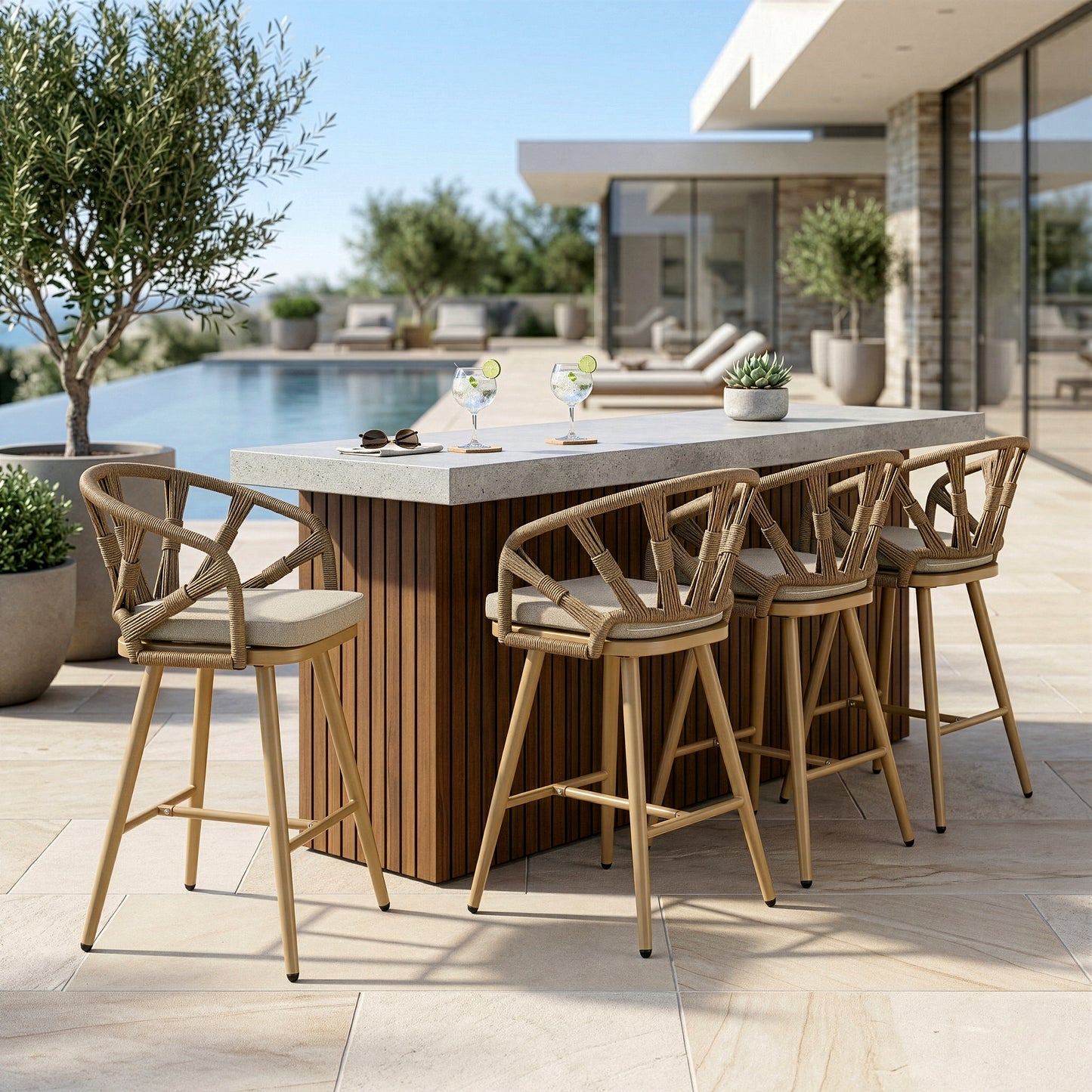 Set of 2 Birre Outdoor Counter Height Stool with Hand-Woven Back