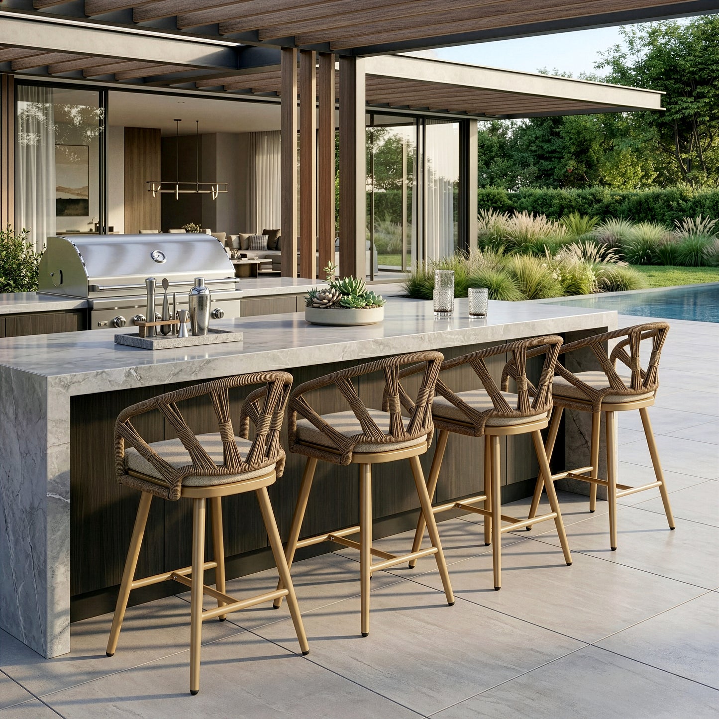 Set of 2 Birre Outdoor Counter Height Stool with Hand-Woven Back
