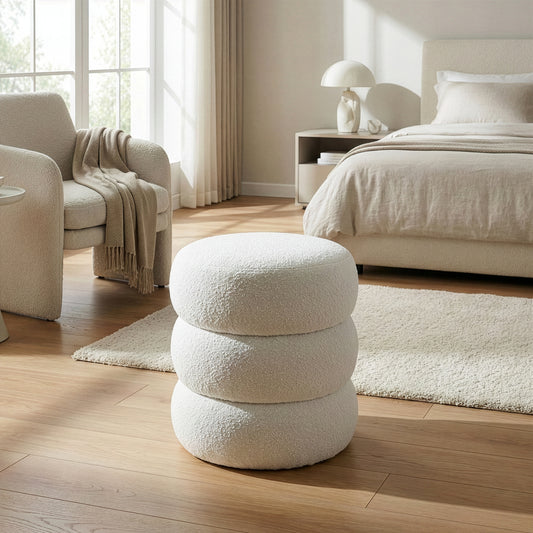 Azaria White Boucle Fabric Round Tufted Ottoman