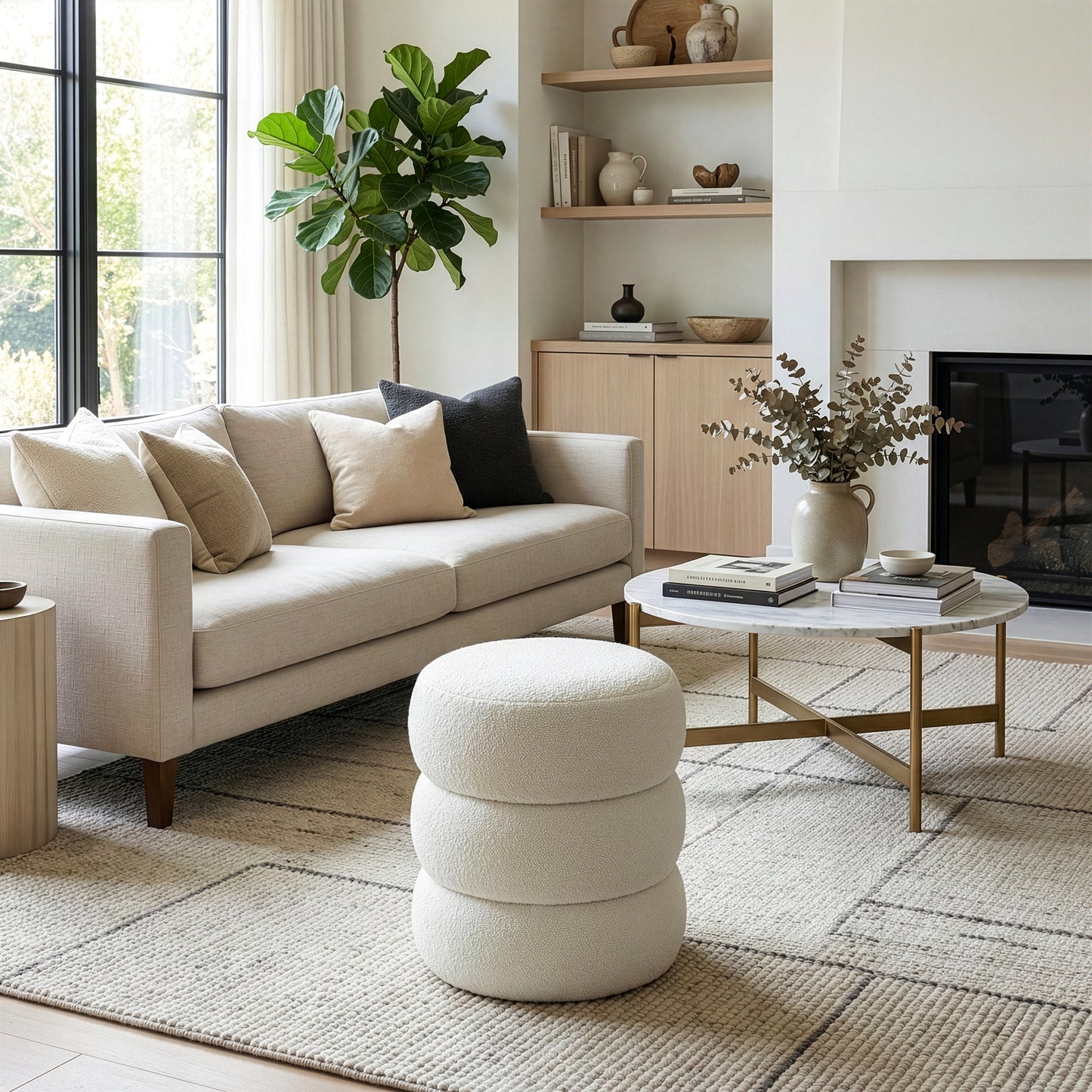 Azaria White Boucle Fabric Round Tufted Ottoman