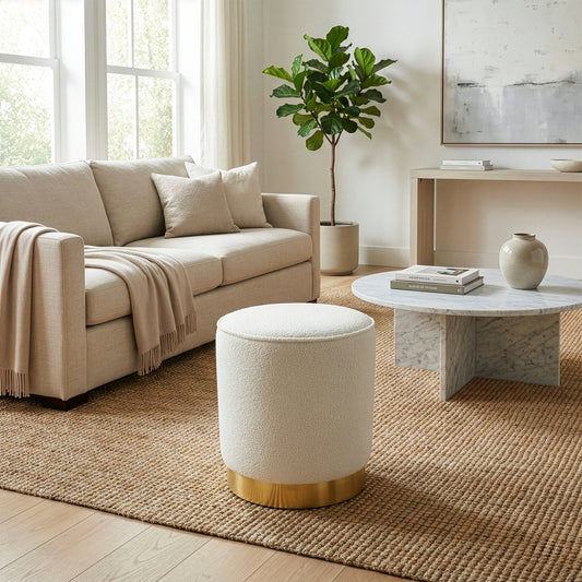Aysel White Boucle Fabric Ottoman with Golden Accent Base