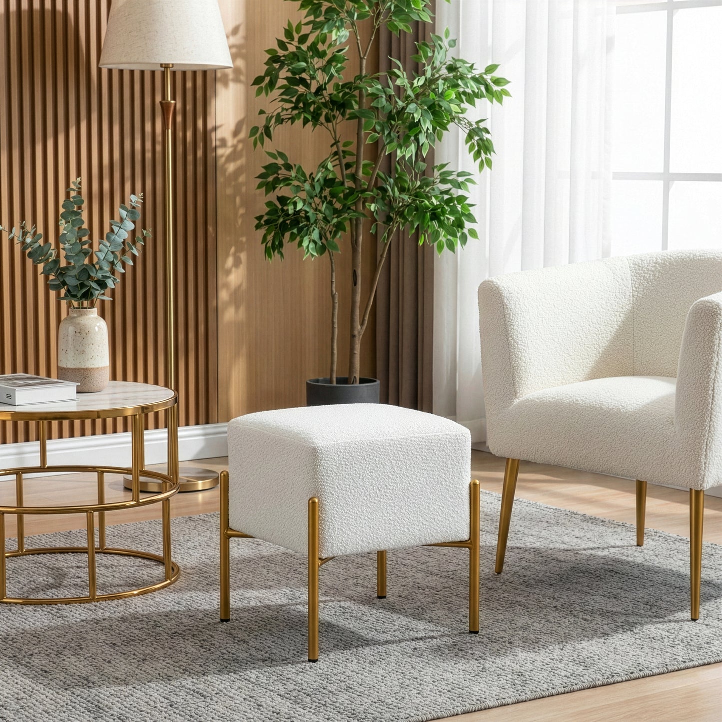 Aysha White Boucle Fabric Cube Ottoman with Gold Accent Legs