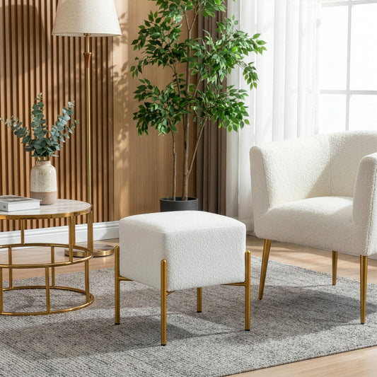 Aysha White Boucle Fabric Cube Ottoman with Gold Accent Legs