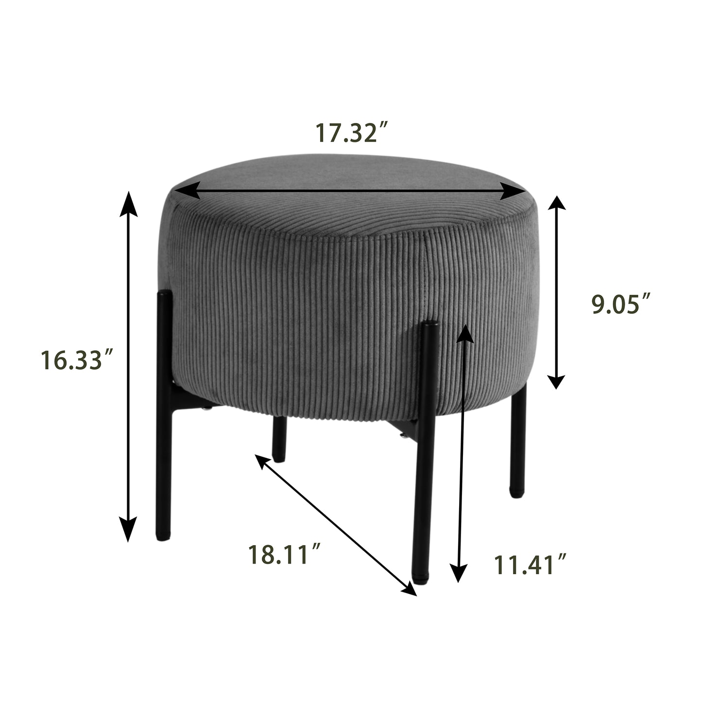 Bellatrix Green Corduroy Fabric Ottoman with Black Iron Legs