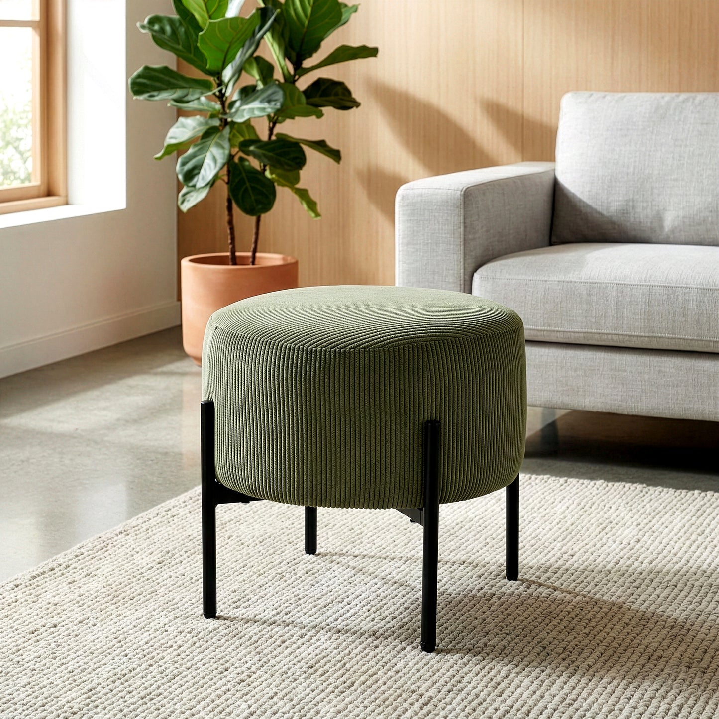 Bellatrix Green Corduroy Fabric Ottoman with Black Iron Legs