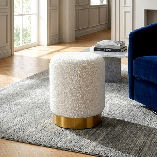 Bellini White Boucle Fabric Round Footstool Ottoman with Golden Accent Base Small Size