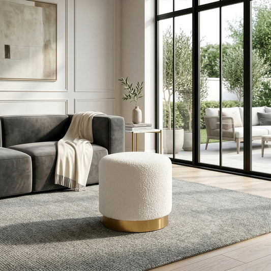 Bellini White Boucle Fabric Round Footstool Ottoman with Golden Accent Base Medium Size