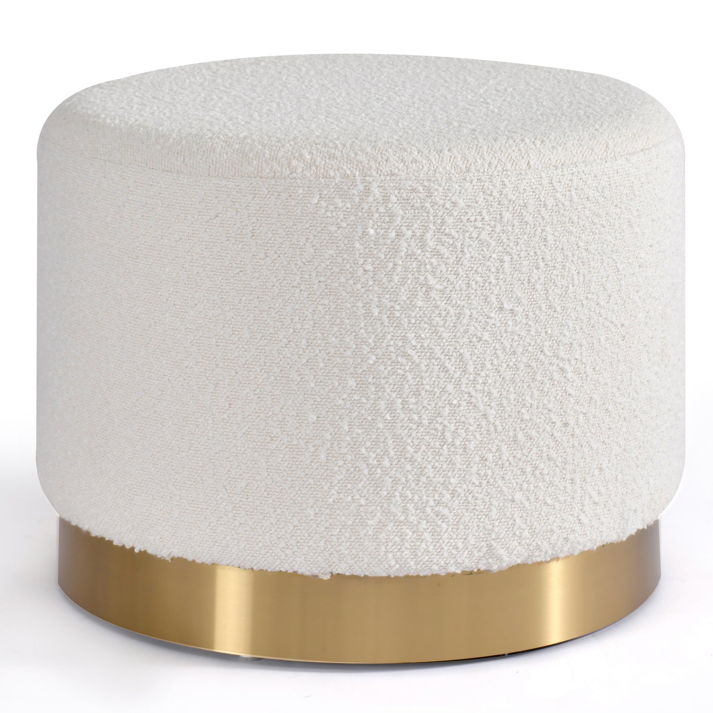 Bellini White Boucle Fabric Round Footstool Ottoman with Golden Accent Base Large Size
