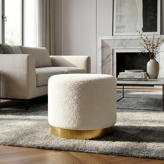 Bellini White Boucle Fabric Round Footstool Ottoman with Golden Accent Base Large Size
