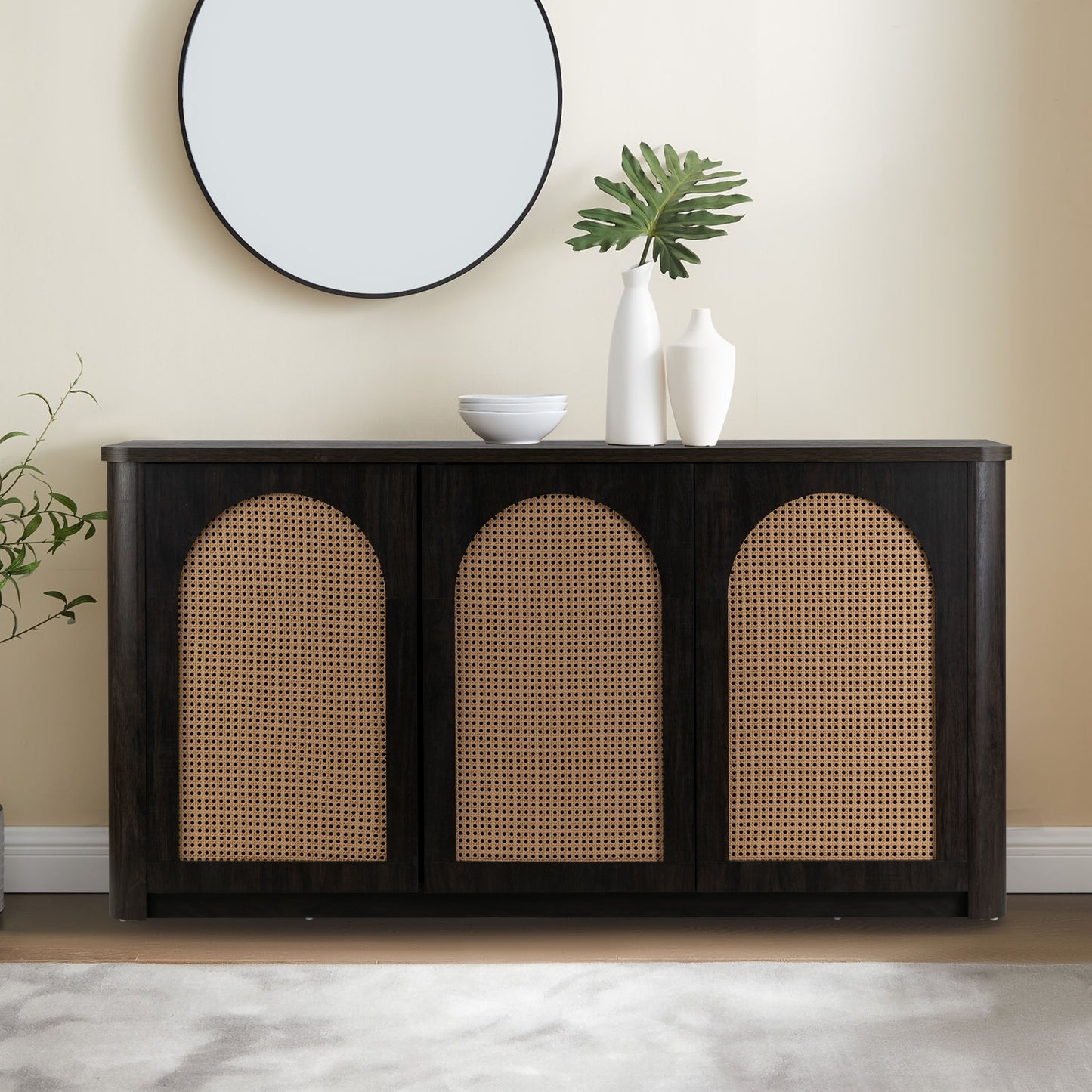 Bistra Brown Three Door Walnut Finish Sideboard with Rattan Doors