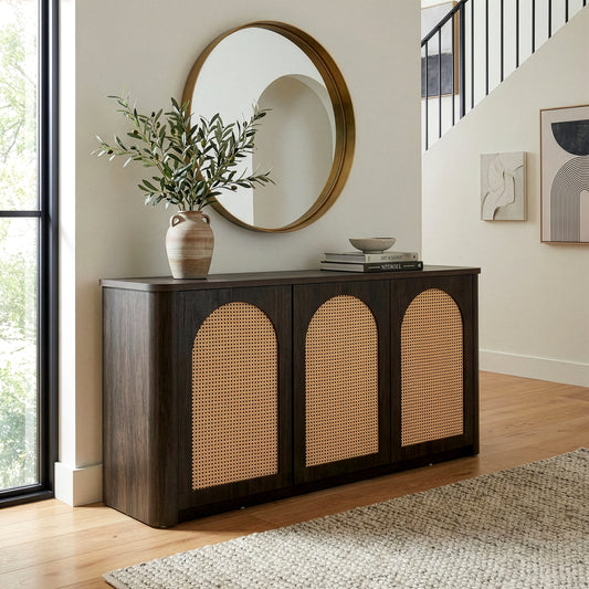 Bistra Brown Three Door Walnut Finish Sideboard with Rattan Doors