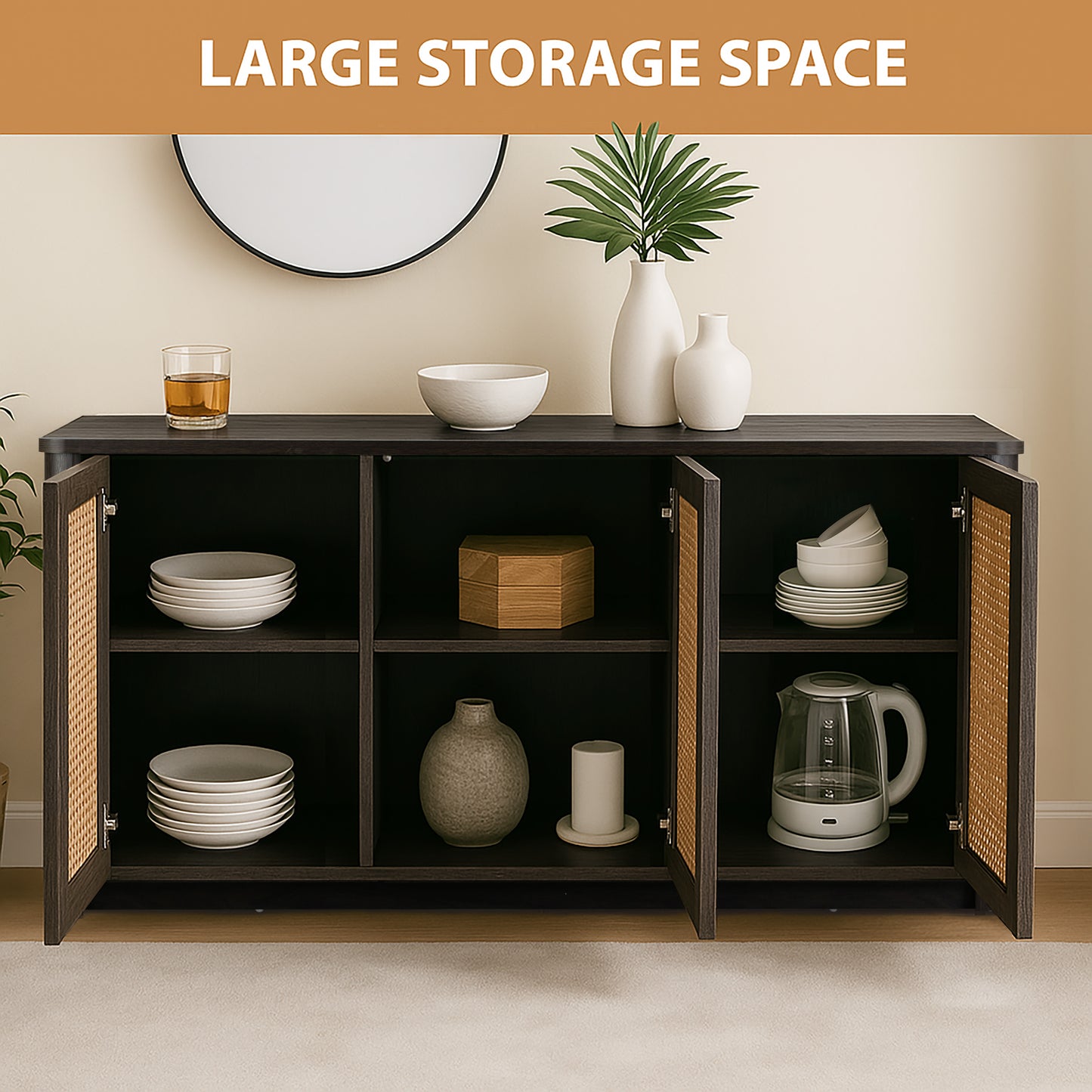 Bistra Brown Three Door Walnut Finish Sideboard with Rattan Doors