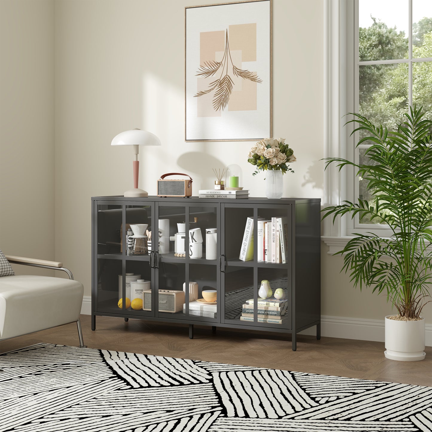 Berlinde 33.52-inch Black Three Door Sideboard with Clear Doors