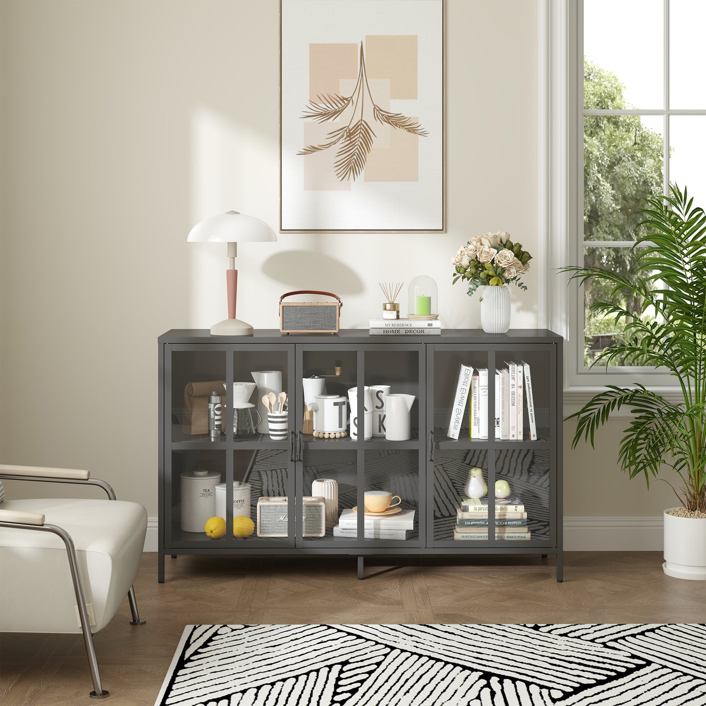 Berlinde 33.52-inch Black Three Door Sideboard with Clear Doors