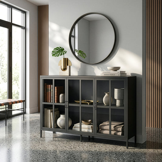 Berlinde 33.52-inch Black Three Door Sideboard with Clear Doors