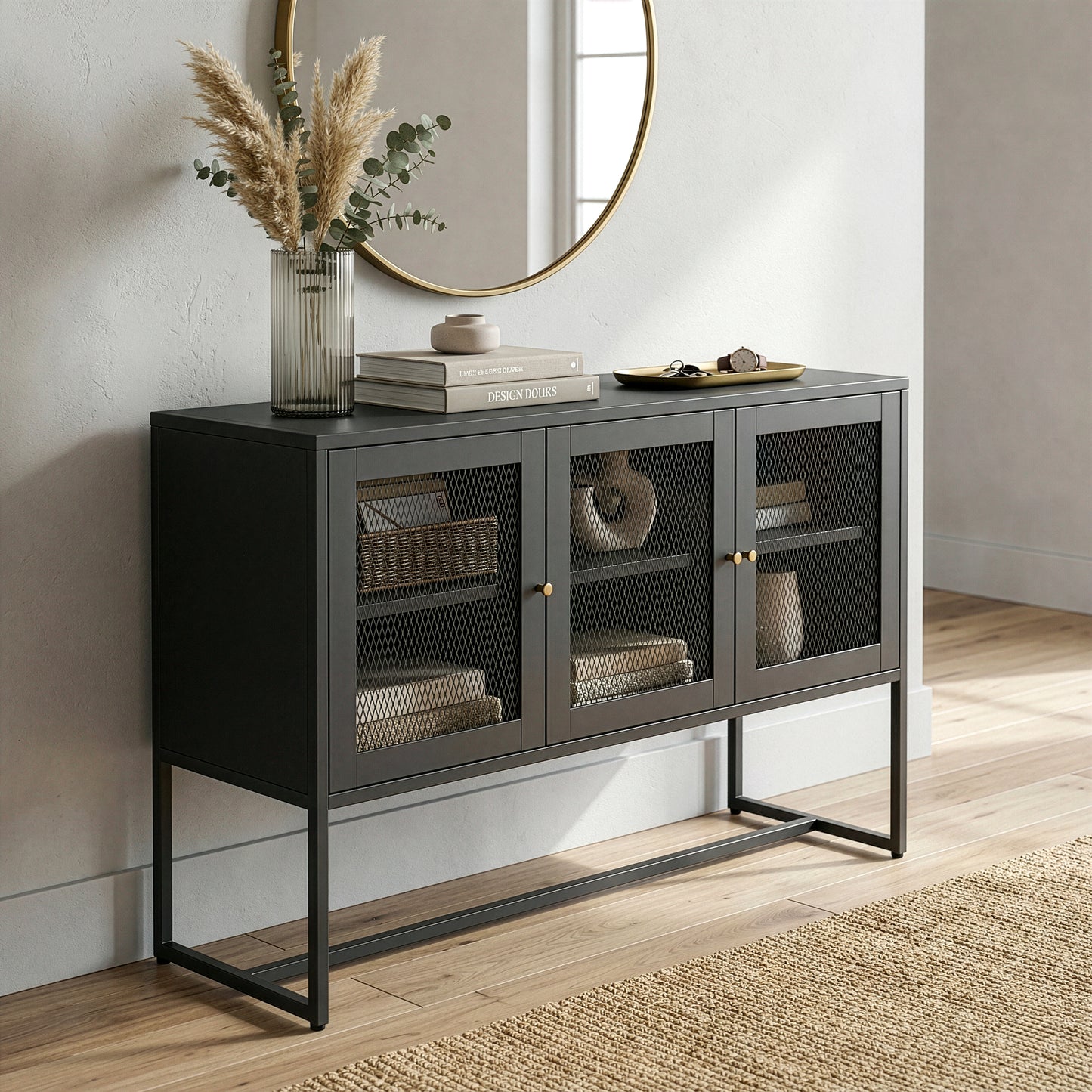Bentley 31.56-inch Black Three Door Sideboard with Mesh Doors