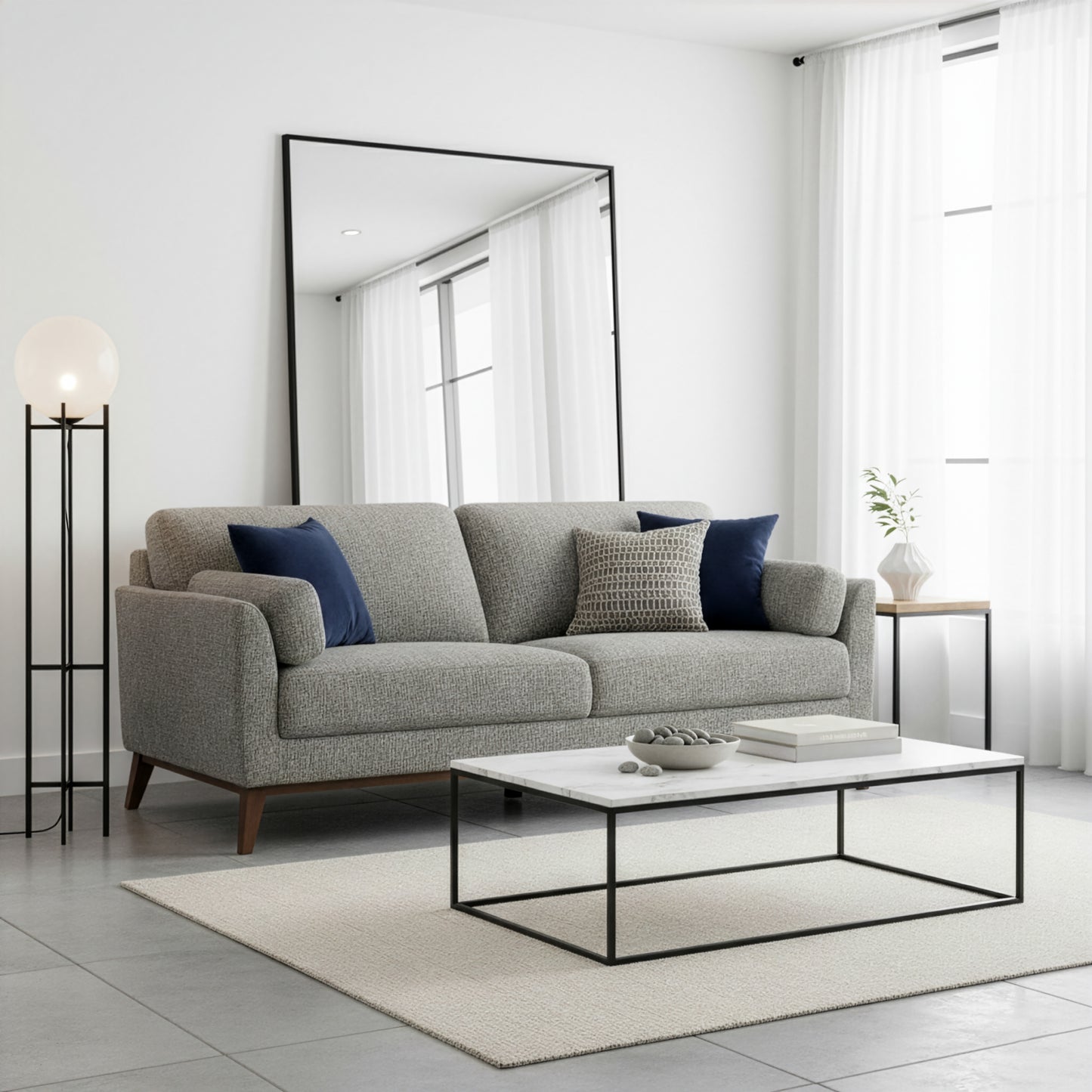 Birre Black and Ivory Blend Chenille Tweed Fabric Sofa with Wood Legs