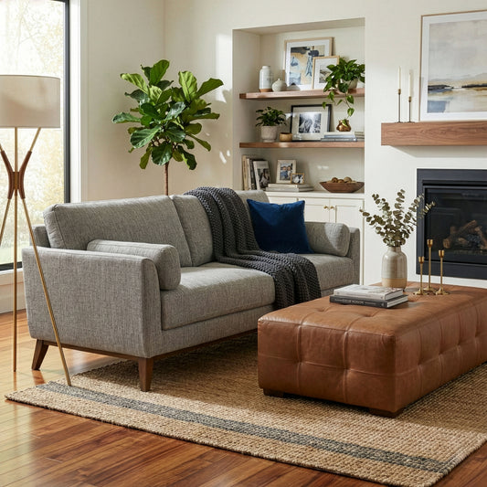 Birre Black and Ivory Blend Chenille Tweed Fabric Sofa with Wood Legs