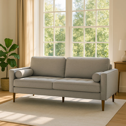 Bisera Beige Twill Tufted Fabric Sofa with Wood Legs