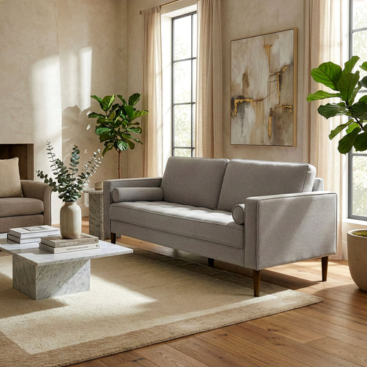 Bisera Beige Twill Tufted Fabric Sofa with Wood Legs