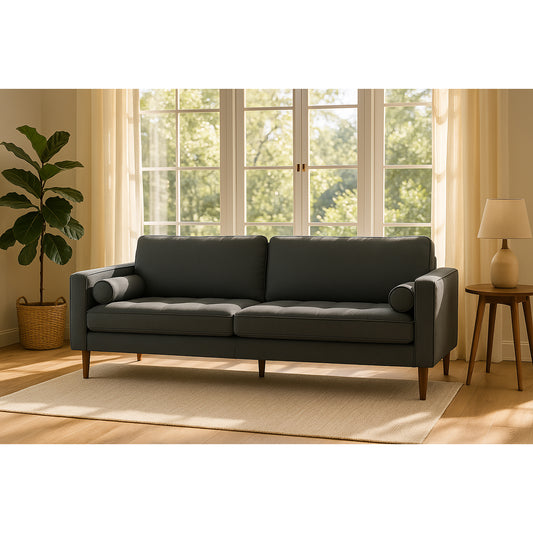 Bisera Dark Gray Twill Tufted Fabric Sofa with Wood Legs