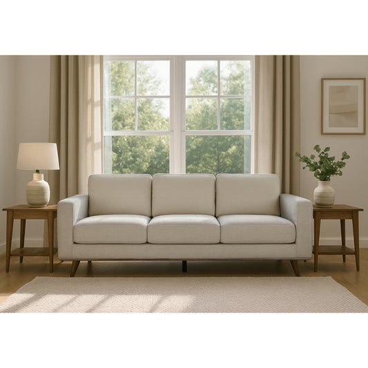 Bishop White Corduroy Twill Fabric Sofa with Wood Legs