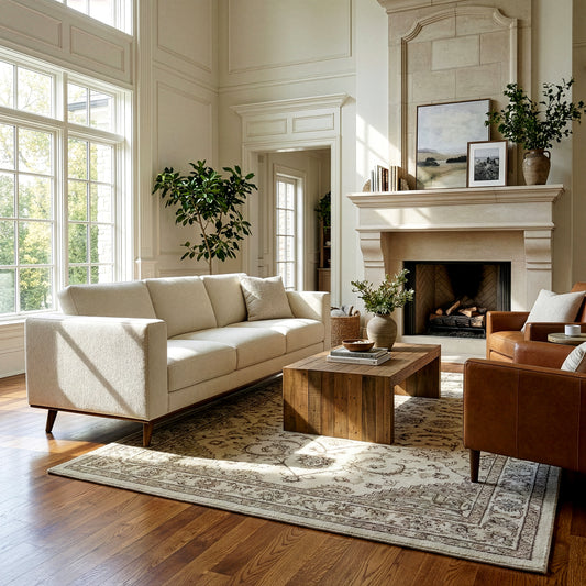 Bishop White Corduroy Twill Fabric Sofa with Wood Legs