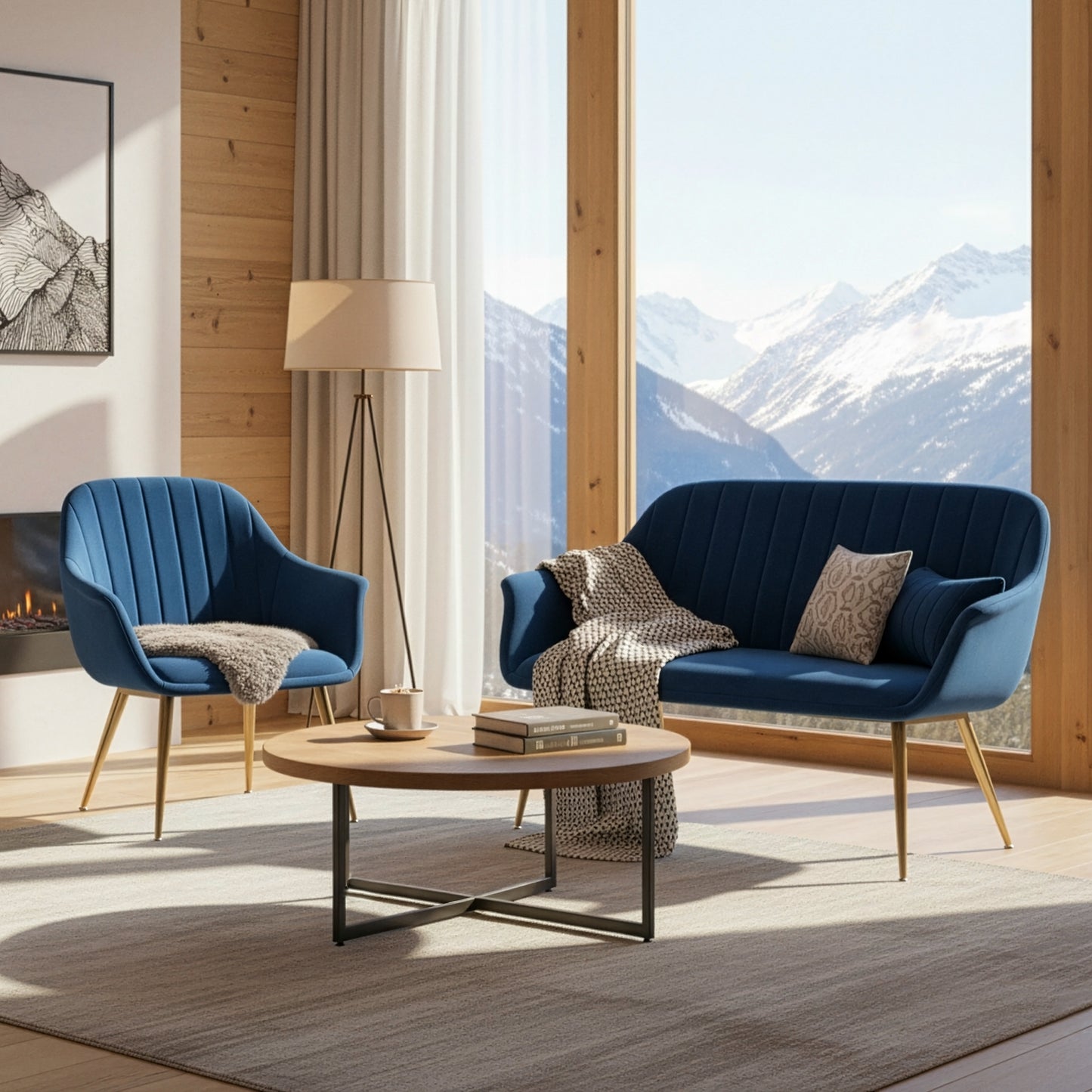 Angela Blue Velvet Loveseat and Accent Chair Set