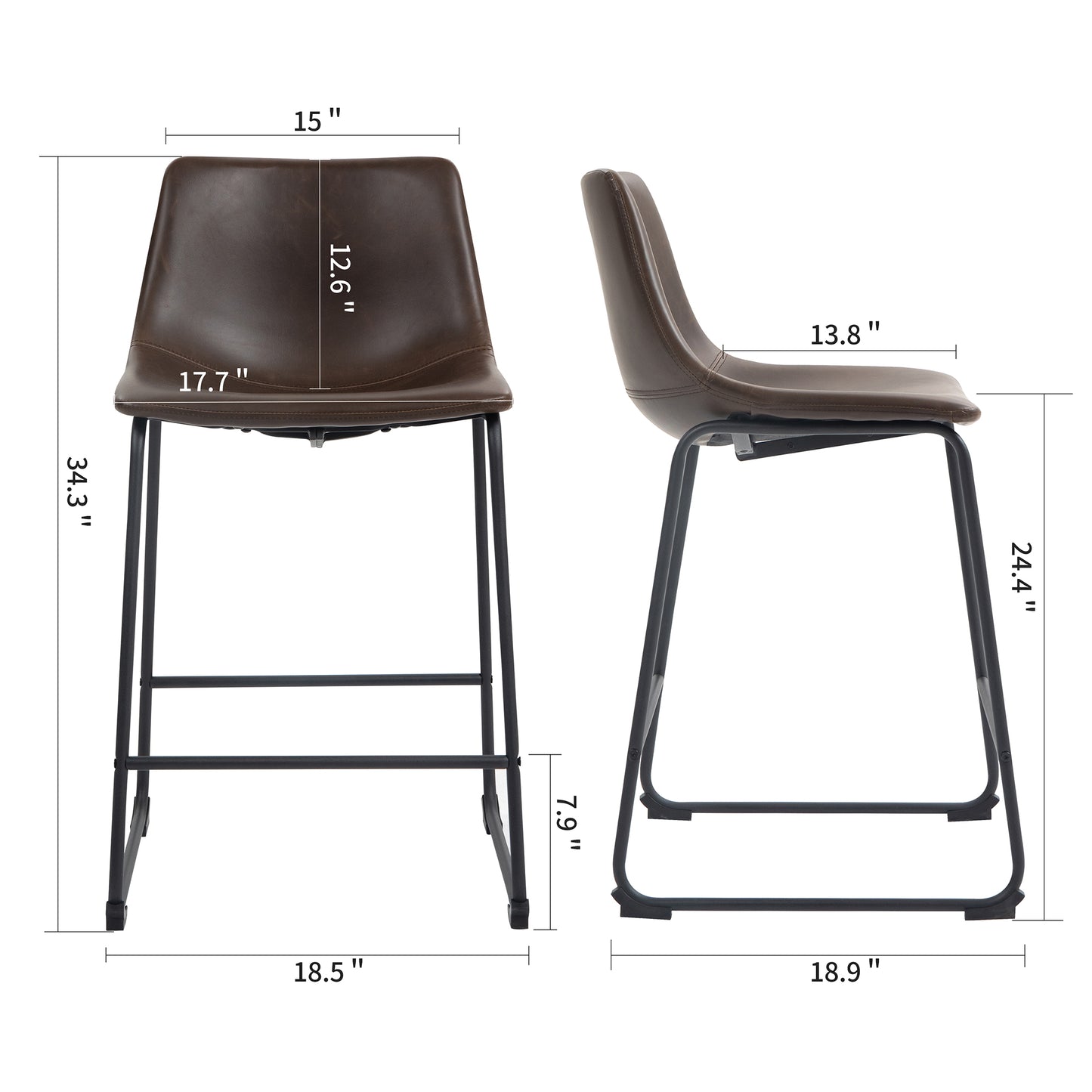 Adan Iron Frame Dark Brown PU Leather Counter Stool (Set of 2)